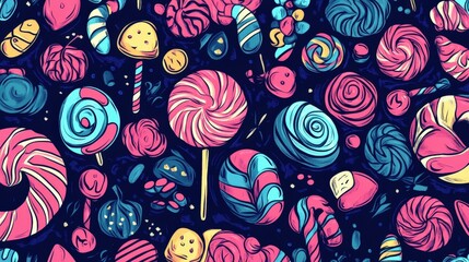 Sweet Treats Pattern: A vibrant and whimsical pattern featuring a delightful array of colorful candies, lollipops, and sweets on a dark background.