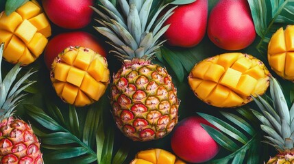 Fototapeta premium Tropical Fruits Delight: A vibrant mix of ripe mangoes, pineapple, and red pears arranged artfully amidst lush green tropical leaves, creating a tempting and refreshing visual feast.
