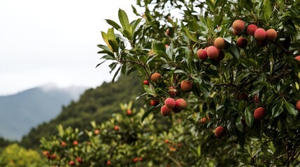 Organic lychee fruits hanging on tree branches in lush orchard under clear blue sky in Fujian, China. Wide-angle view showcasing red and green lychees with fresh leaves and vibrant natural abundance.