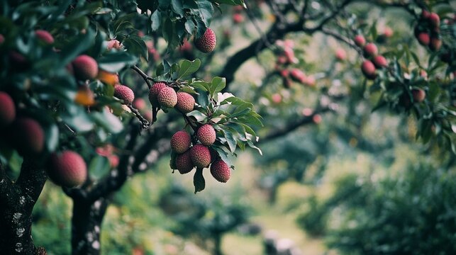 Organic lychee fruits hanging on tree branches in lush orchard under clear blue sky in Fujian, China. Wide-angle view showcasing red and green lychees with fresh leaves and vibrant natural abundance.