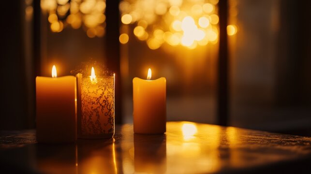 Three lit candles burning softly on a reflective surface at night