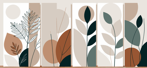 Abstract Botanical Art Prints Set Modern Leaf Wall Decor Neutral Color Minimalist Plant Illustrations for Home and Office Contemporary Aesthetic Artwork