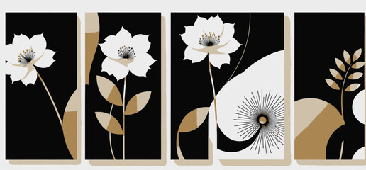 Abstract Floral Art_Black and Gold Minimalist Flower Print Set_Elegant Botanical Wall Decor_Modern Home Interior Design_Set of Four Art Prints