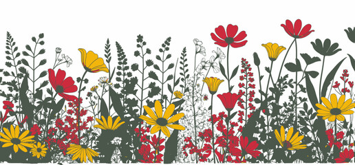 Colorful Wildflower Meadow Illustration_Whimsical Floral Border Design_Hand Drawn Botanical Art_Spring Summer Flower Graphics_Floral Background for Crafts