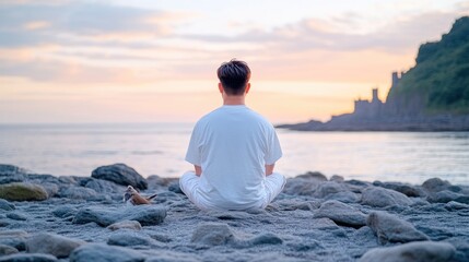 Fototapeta premium Peaceful meditation on a rocky shore at sunset