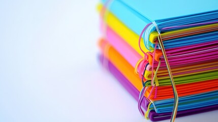 Fototapeta premium Colorful Bound Documents: A vibrant stack of neatly organized documents, bound together with elastic bands, presents a visual feast of colors, ideal for illustrating concepts of organization, filing.