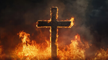 Fototapeta premium cross engulfed in flames symbolizes powerful and intense moment, evoking feelings of passion and transformation. fiery backdrop enhances dramatic effect, creating striking visual