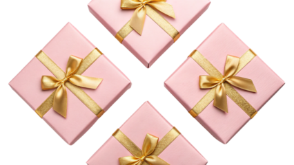 Four blush pink gifts adorned with shimmering gold ribbons, promising joy and celebration, a delightful arrangement against a pure white backdrop.