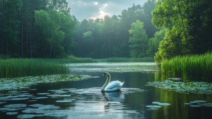 Graceful swan gliding serenely across a tranquil forest lake at dawn