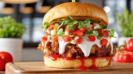 A deliciously messy bun sandwich served with juicy tomatoes on the side perfect for a hearty meal or snack