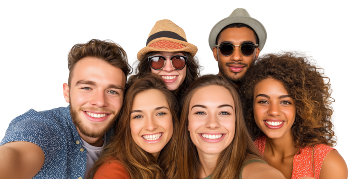 Group of friends smiling and taking selfie isolated on white background