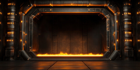 dramatic interior scene featuring fantastical oven with glowing elements and fiery base, set against dark metallic backdrop. atmosphere evokes sense of mystery and intrigue