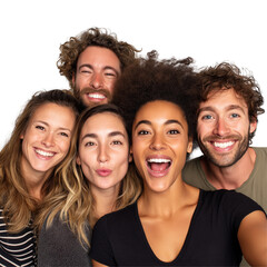Fototapeta premium Group of friends smiling and taking selfie isolated on white background