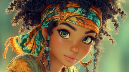 Naklejka premium 3d illustration, cute cartoon portrait of beautiful mature african woman looking at camera outdoor,stock image