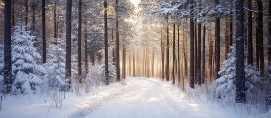Obraz premium Winter forest scene showing a snow covered road and sunlit trees