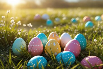Easter Celebration Colorful Eggs on Sunlit Grass in a Joyful Landscape