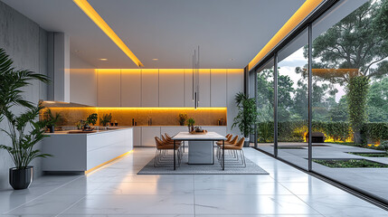 Modern Open-Concept Kitchen Dining Area with Outdoor View.ai generated