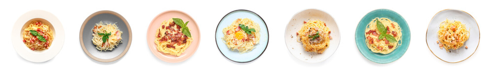 Set of tasty pasta carbonara on white background, top view