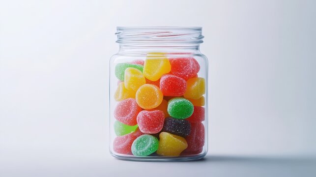 Colorful Candy Jar: A vibrant display of assorted candies fills a transparent glass jar, capturing the essence of sweetness and playful indulgence.