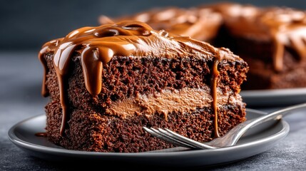 A decadent piece of rich chocolate cake displayed on a white plate surrounded by elegant presentation and garnishes