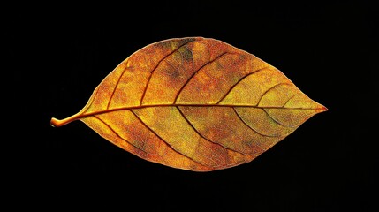 Golden Leaf's Embrace: A single, vibrant leaf displays its intricate veins, radiating warmth and a touch of autumnal allure. Captured with exquisite detail against a dark backdrop.