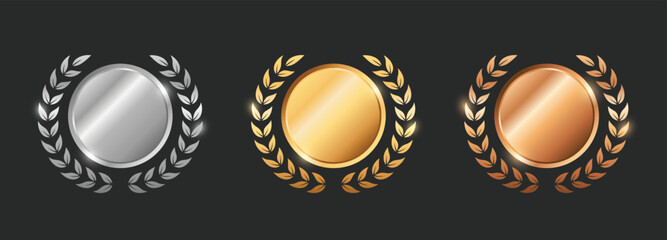 Round badge award golden, silver, bronze with podium and laurel wreath. Luxury medals trophy nomine.