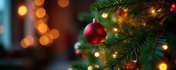 Christmas tree decorated with lights and ornaments, holiday, bows, colorful