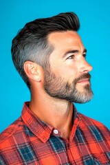 Obraz premium Blue solid background. Artwork visual design of style for aging men. Fashionable men's high and tight haircut - midlife white man with black hair. A happy and poised man radiating charm.