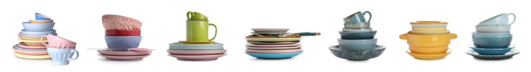 Set of tableware on white background