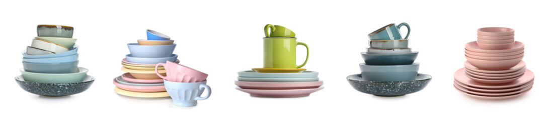 Set of different tableware on white background