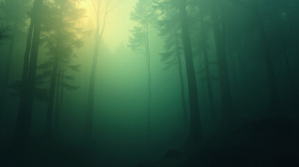 Obraz premium A mysterious, ethereal forest shrouded in a thick, emerald green fog, sunlight barely piercing the canopy, creating an atmospheric scene of quiet mystery.