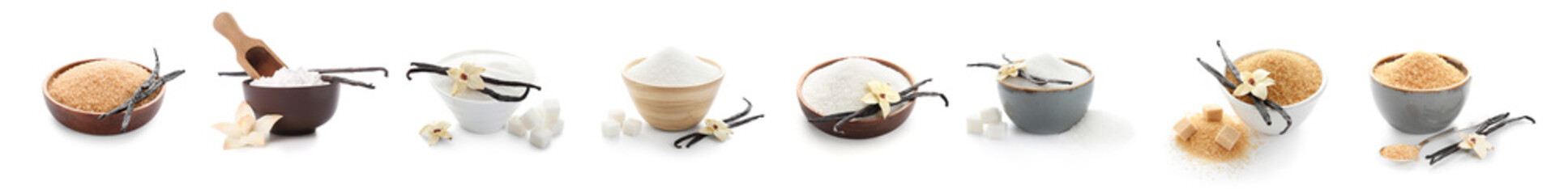 Set of sweet vanilla sugar on white background