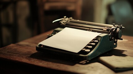 Vintage Typewriter on Desk: A classic typewriter with a blank page sits on a wooden desk. Captured from a eye-level perspective, inviting thoughts of creativity and storytelling. 