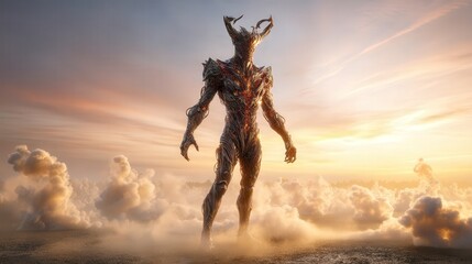 Fototapeta premium Impressive giant robot towering above the clouds creating a futuristic atmosphere in the open sky