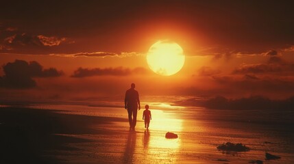 Sunset Beach Walk  Father and Son Silhouette