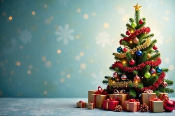 Colorful Christmas tree decorated with festive garlands and ribbons, Ribbons, Christmas tree