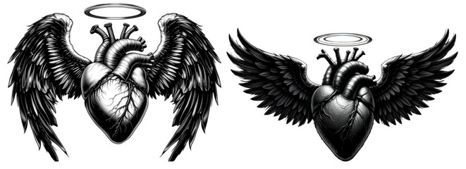 anatomical heart with large angelic wings black vector isolated on white background.