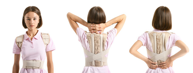 Set of young woman in back brace on white background