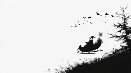 Silhouette Santa Claus Sleigh Flying Birds Winter Christmas