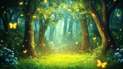 Obraz premium Enchanted Forest: A mystical forest scene where soft light filters through the trees. Fairies fly in the enchanting forest, creating an ethereal atmosphere of peace and magic.