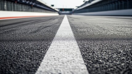 Fototapeta premium A close-up shot of an empty F1 track showcasing the smooth asphalt and starting line. Ideal for motorsport-related projects or backgrounds.