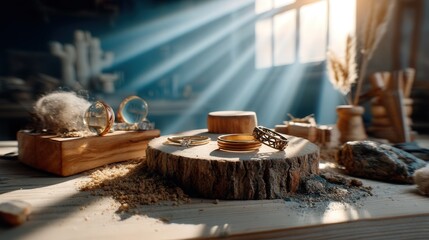A rustic wooden table featuring a beautiful resting on its surface surrounded by natural light and warmth