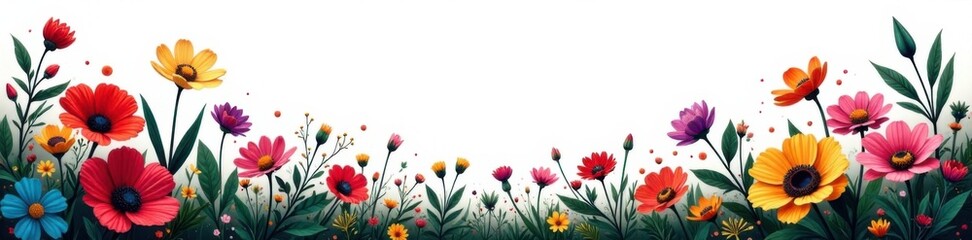 Colorful flowers and foliage with black outlines against a contrasting white background, vibrant colors, botanical illustrations