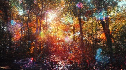 Magical Autumn Forest Scene  Sunlit Trees  Fall Colors  Water Reflection