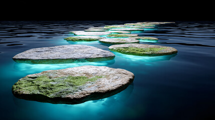 Stepping stones covered in moss glow with bioluminescent algae in dark, tranquil ocean. serene scene creates mystical pathway over water, illuminated softly