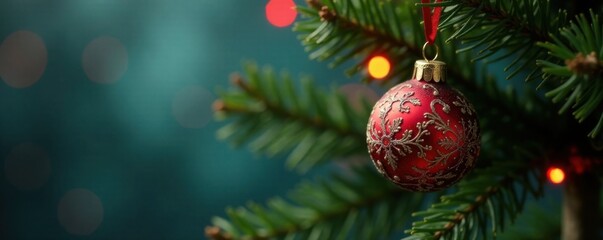 Obraz premium Colorful ornament hanging from Christmas tree branches with red and green lights , color, festive