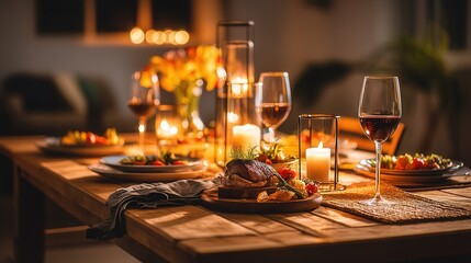 Stylish table setting featuring a beautifully arranged candle and wine glasses creating an inviting dinner atmosphere