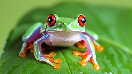 Fototapeta premium Vibrant red eyed tree frog on green leaf macro photography