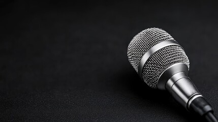 Obraz premium Closeup grayscale microphone image black background professional audio stock photo