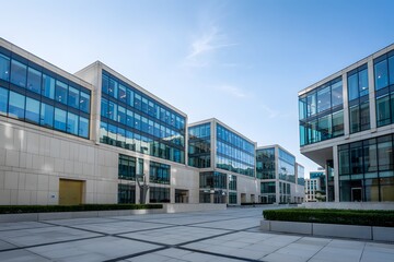 Obraz premium Modern Office Complex Courtyard under Morning Sky